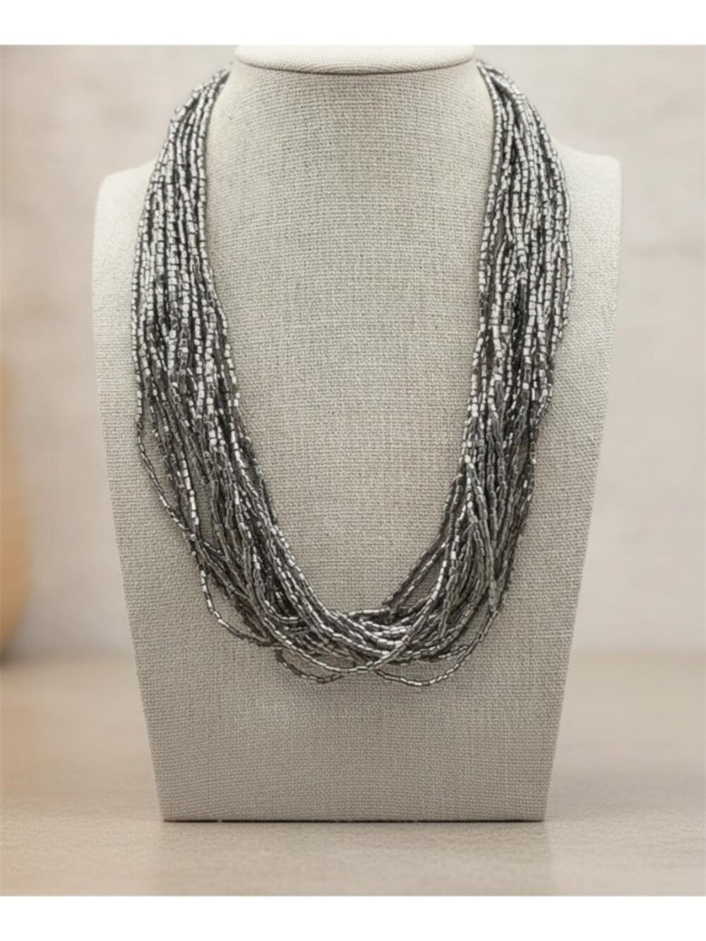 Silver Tone 20-Strand Layered Necklace Chunky Tube Bead Statement 21 in adj.